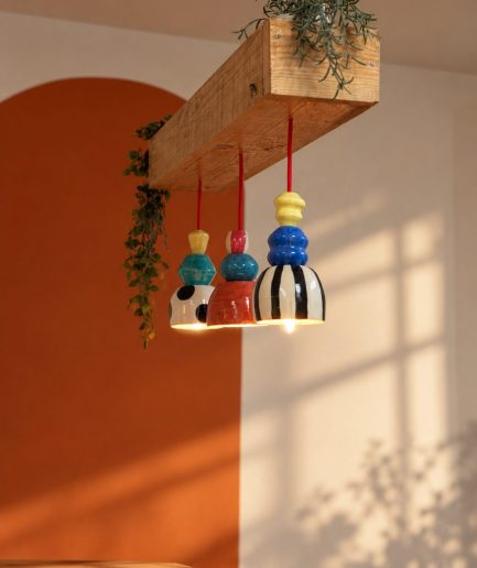 stropna keramicka lampa Bubimir na drvenoj gredi